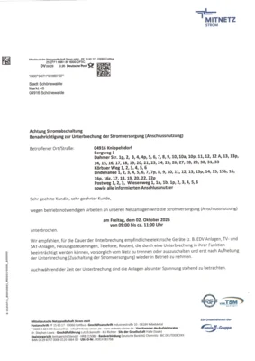 Stromabschaltung in Knippelsdorf am 02.10.2026 !!!!