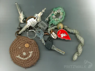 Ein Schlüsselbund mit mehreren Anhängern liegt im Pritzwalker Fundbüro zur Abholung bereit. Foto: Stadt Pritzwalk (Bild vergr&ouml;&szlig;ern)