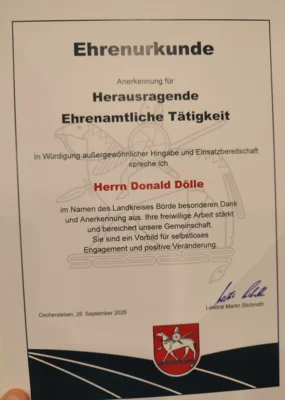 Urkunde zur Würdigung der ehrenamtlichen Tätigkeit Herr Donald Dölle Foto: IG Bode-Lachs e.V