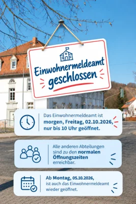 Geänderte Öffnungszeiten im Einwohnermeldeamt am Freitag, 02.10.2026 (Bild vergr&ouml;&szlig;ern)