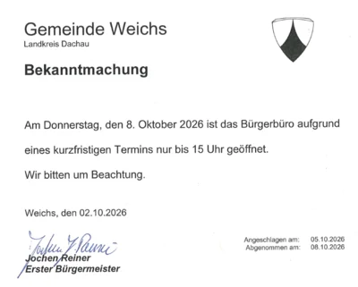 Das Bürgerbüro ist am Donnerstag, den 8. Oktober 2026 ab 15 Uhr geschlossen