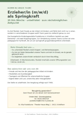 Meldung: Verstärkung für die Ev. Kita Pusteblume gesucht