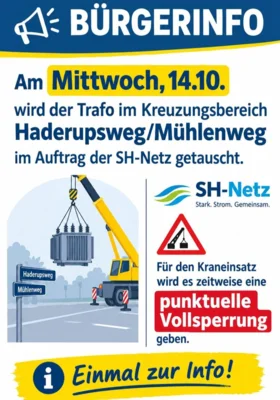 Am Mittwoch 14.10. wird der Kreuzungsbereich Haderupsweg/Mühlenweg zeitweise voll gesperrt. (Bild vergr&ouml;&szlig;ern)