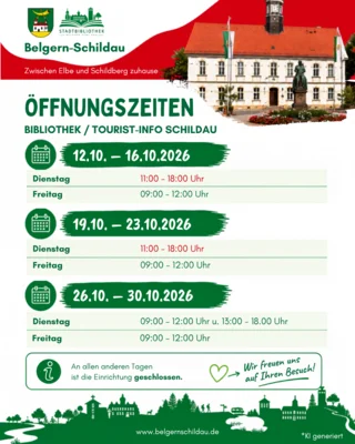 Geänderte Öffnungszeiten der Bibliothek sowie der Tourist-Info Schildau