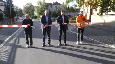 (v.r.n.l.) Jannis Lindner, Bauleiter STRABAG, Christoph Maschek, Verbandsvorsteher WAL, Mirko Buhr, Bürgermeister, Jörg Gärtner, Vors. SVV