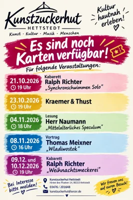 Veranstaltungen im Kunstzuckerhut Hettstedt - Es sind noch Karten verfügbar