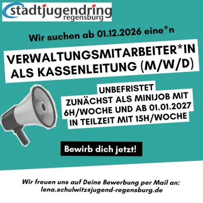Der Stadtjugendring Regensburg sucht ab 01.12.2026 eine*n Verwaltungsmitarbeiter*in (m/w/d) als Kassenleitung in Teilzeit zur Mitarbeit in unserem Geschäftsstellen-Team.