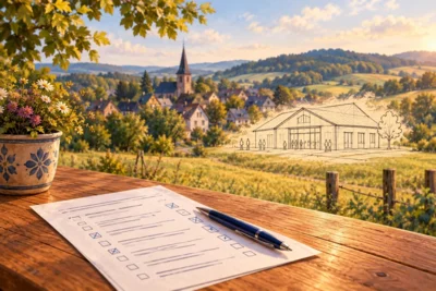 Illustration: ausgefüllter Fragebogen auf einem Holztisch, im Hintergrund ein Dorf und ein skizziertes Gemeindehaus (KI-generiert)