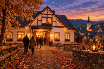 Illustration: festlich beleuchtetes Gemeindehaus am Herbstabend, Gäste auf dem Weg hinein (KI-generiert)