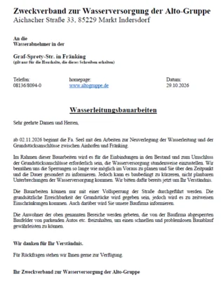 Straßensperrung aufgrund von Wasserleitungsbauarbeiten in Fränking ab 02.11.2026