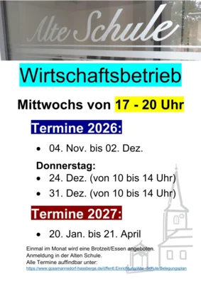 Wirtschaftsbetrieb in der Alten Schule startet wieder am Mittwoch, 04.11.