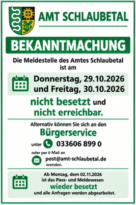 Bekanntmachung zur Erreichbarkeit der Meldestellte (Bild vergr&ouml;&szlig;ern)