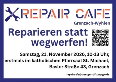 Flyer für das Repair-Café Grenzach-Wyhlen am 21. November 2026