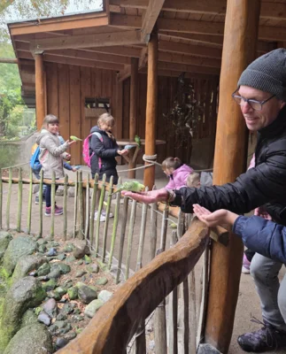 Die Zweitklässler besuchten den Tierpark Greifswald. Hier füttern Kinder der 2b und Klassenlehrer Oliver Wagenknecht (rechts) die Wellensittiche. (Foto: Martina Grunert)