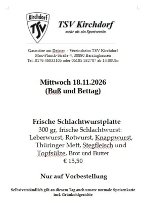 Vorschaubild zur Meldung: Gaststätte am Deister Frische Schlachtwurstplatte am 18.11.2026 (Buß und Bettag) ...