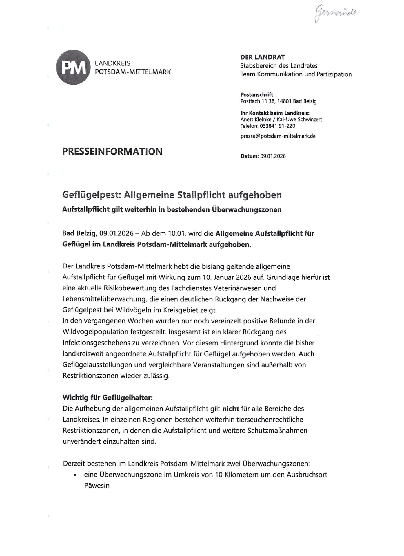 Aufhebung der Stallpflicht