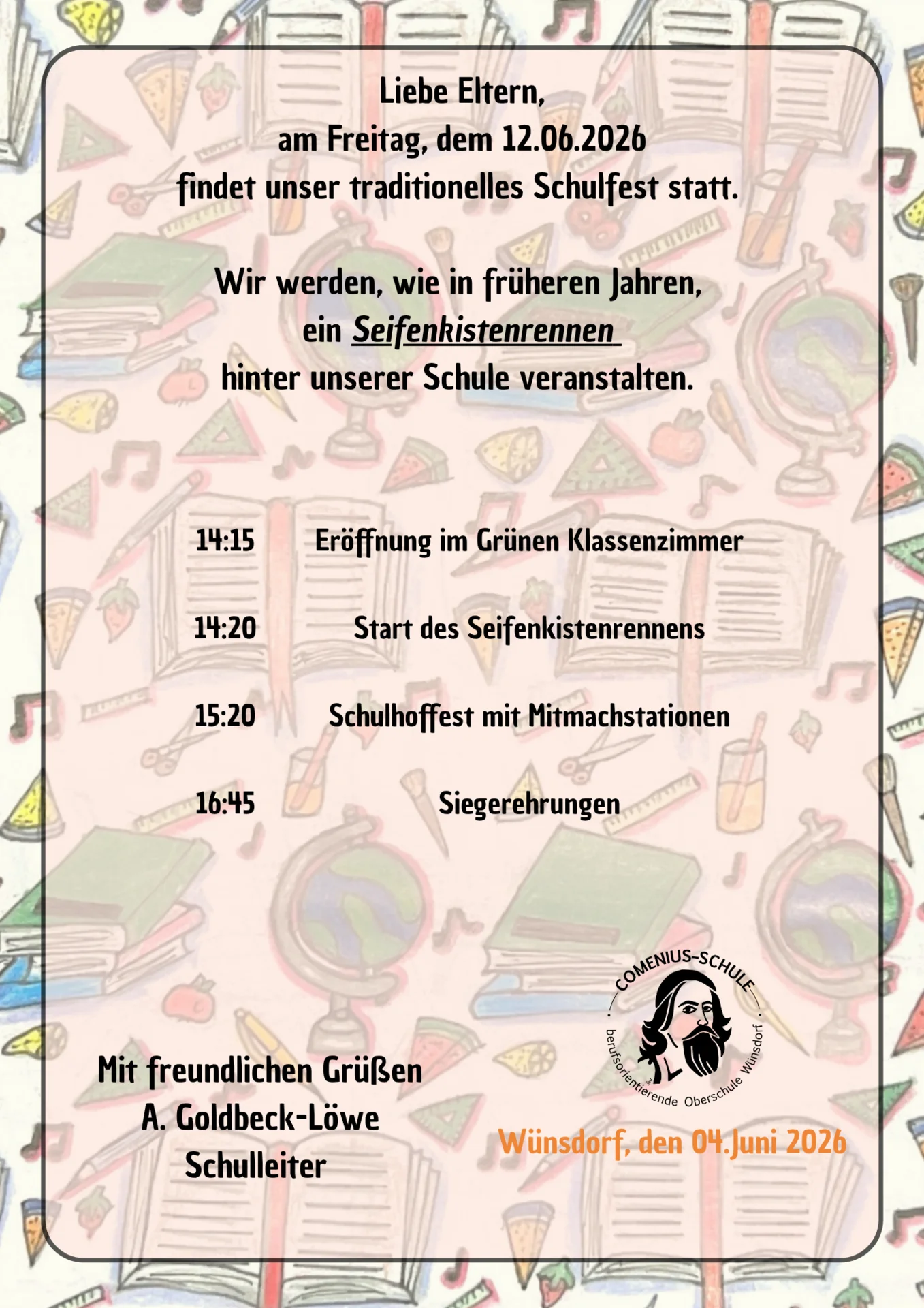 Einladung Schulfest 2026, mit Canva erstellt I A.Bruck & A.Bielska