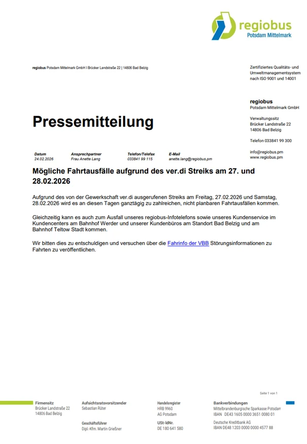 Mögliche Fahrtausfälle