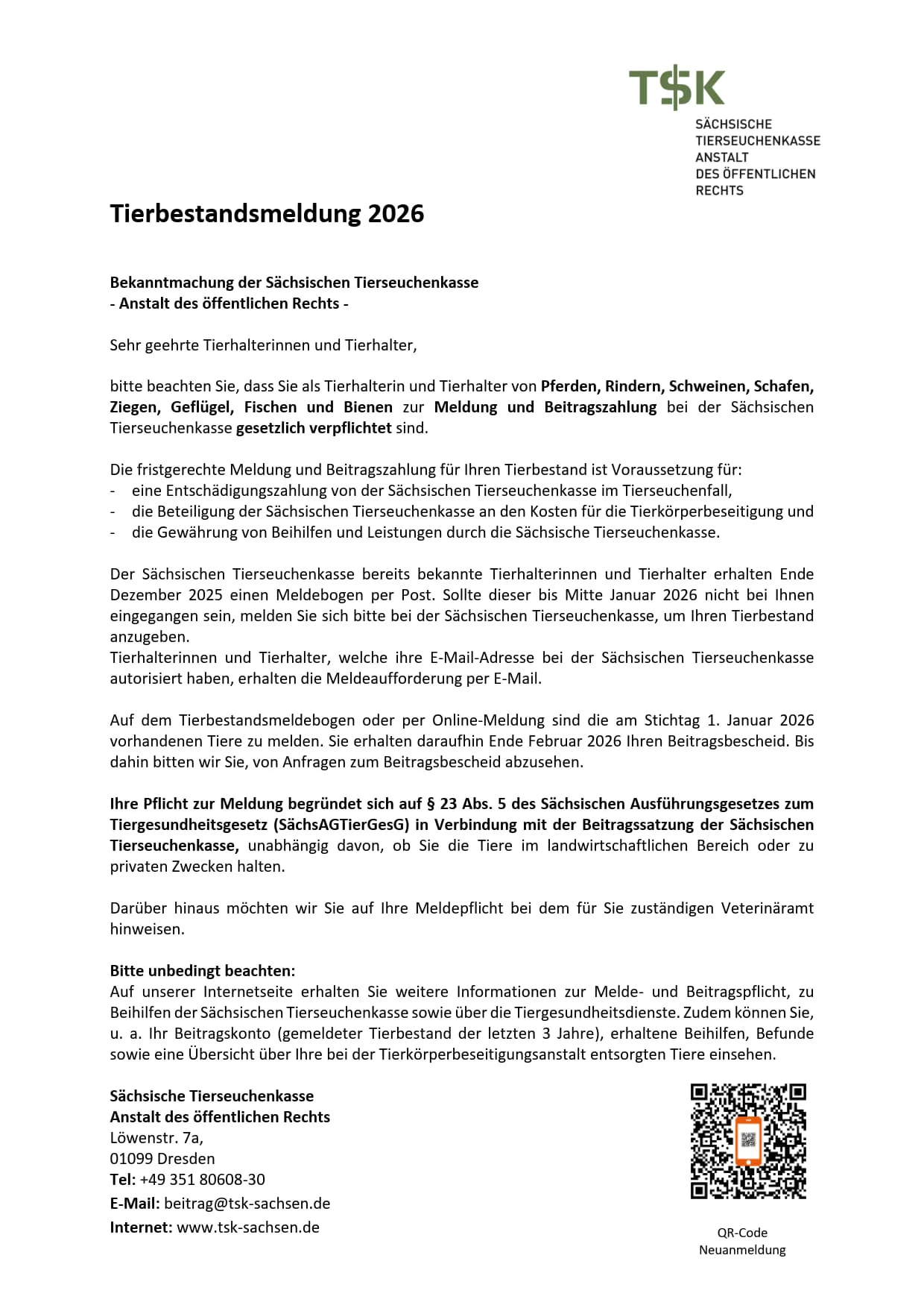Bekanntmachung der Sächsischen Tierseuchenkasse 2026