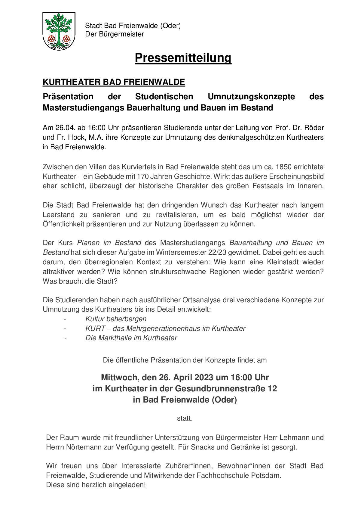 Pressemitteilung Kurtheater