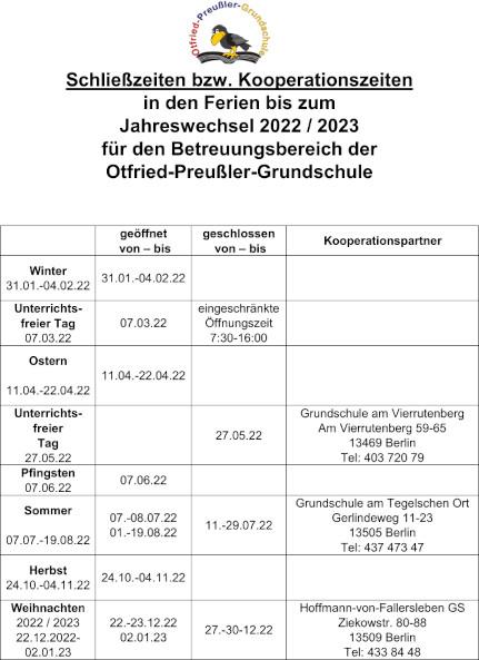 Schließ- und Kooperationszeiten 2022 und 2023