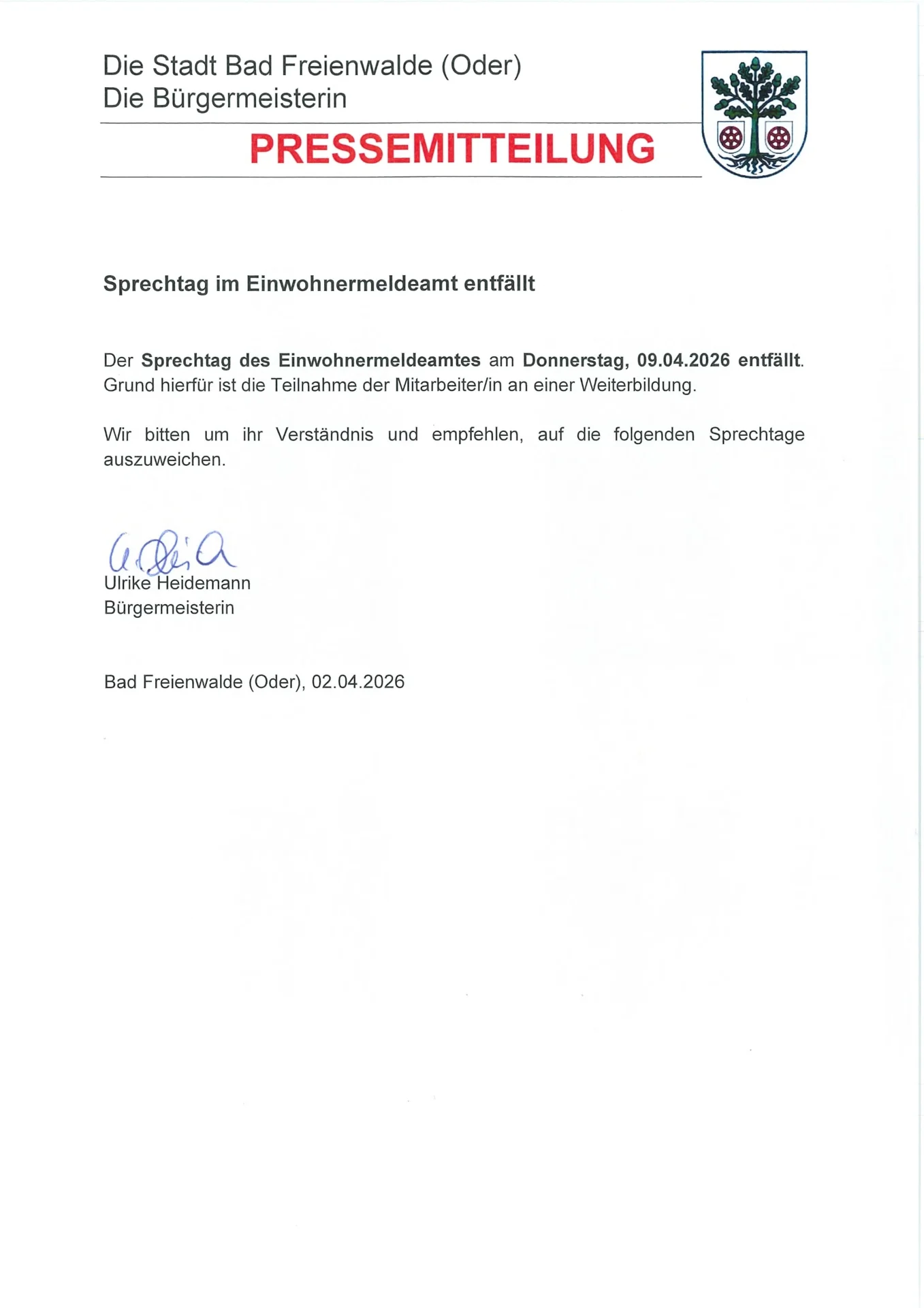 Ausfall Sprechzeit EMA 09.04.2026