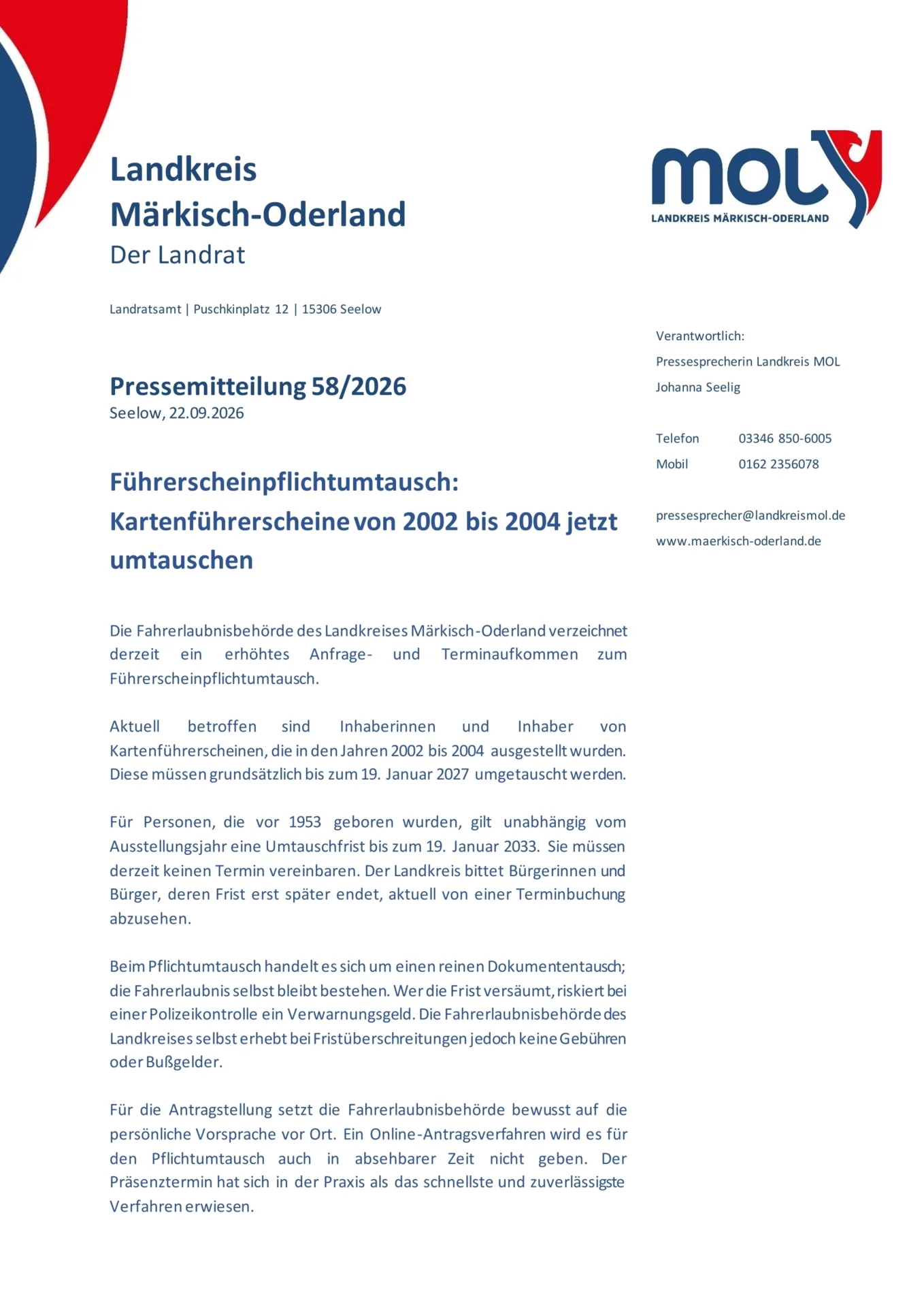 Pressemitteilung vom Landkreis zum Führerscheinpflichtumtausch