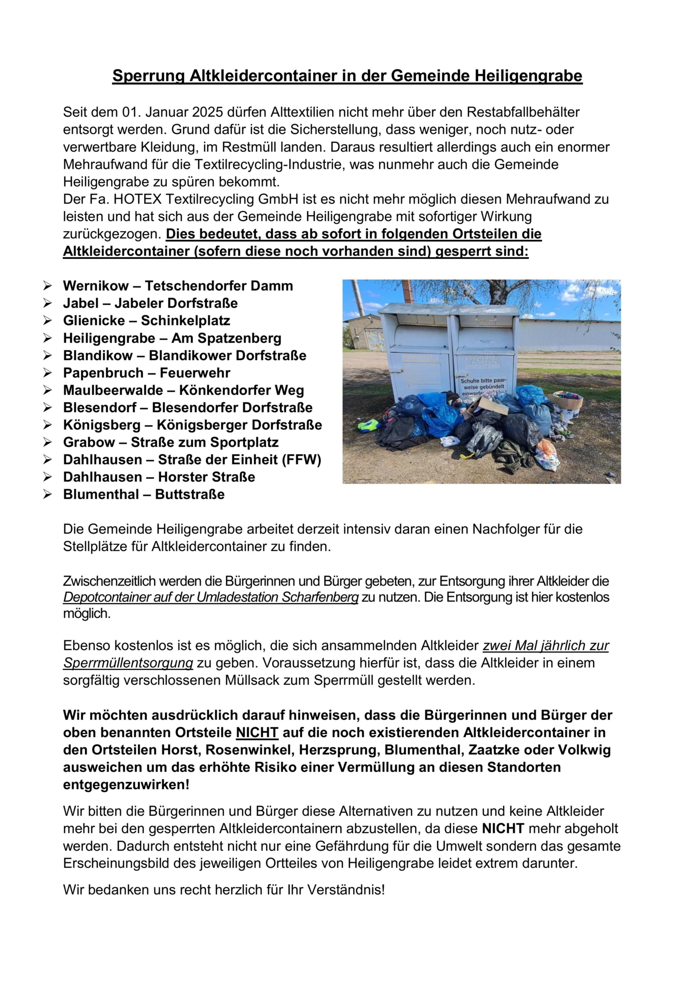 Sperrung Altkleidercontainer in der Gemeinde Heiligengrabe