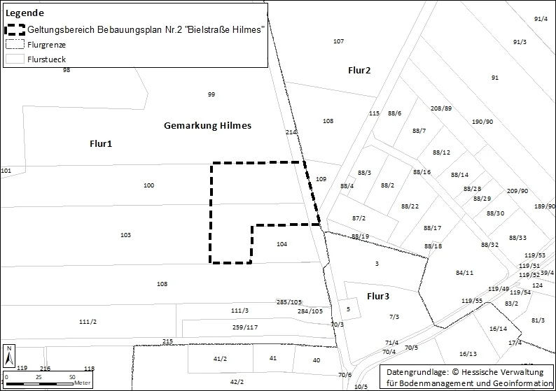 Abb. 2 → Geltungsbereich des Bebauungsplans Nr. 2 „Bielstraße Hilmes“ (Plangebiet).