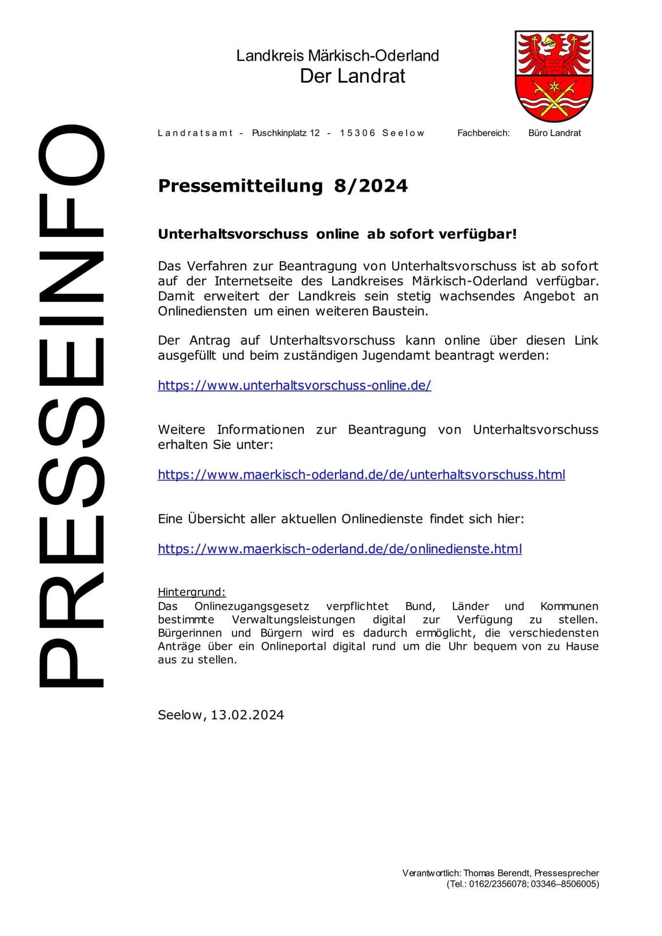 Pressemitteilung - - 82024 - Unterhaltsvorschuss online ab sofort verfügbar! - 12.02.2024 - 