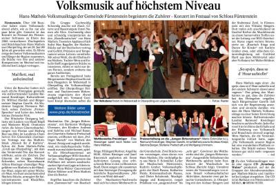 PNP-Bericht vom 25.07.2014; Volksmusik auf höchstem Niveau in Fürstenstein