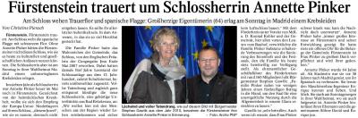 PNP-Bericht vom 10.10.2014; Fürstenstein trauert um Schlossherrin Annette Pinker
