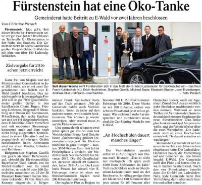 PNP-Bericht vom 12.10.2014; Fürstenstein hat eine E-Tankstelle