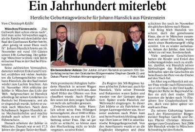 PNP-Bericht vom 19.11.2014; 100. Geburtstag Johann Hanslick
