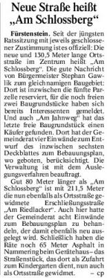PNP-Bericht vom 09.02.2015, Neue Straße heißt "Am Schlossberg", Fürstenstein