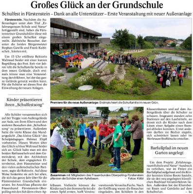 PNP-Bericht vom 22.06.2015; Einweihung des Erfahrungsraums Schule + Natur - Schulfest der Grundschule Fürstenstein;