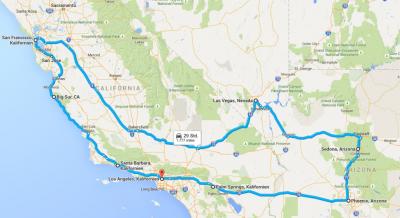 Rundreise USA Westküste anhand von Google Maps