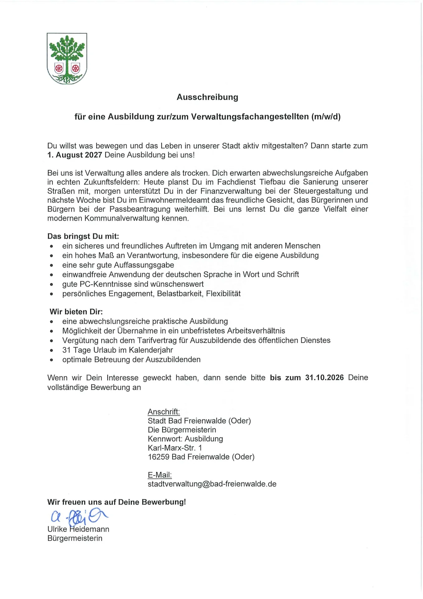 Ausschreibung für eine Ausbildung zur/zum Verwaltungsfachangestellten (m/w/d)