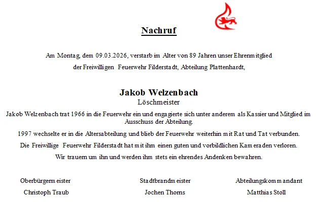 Nachruf Jakob Welzenbach