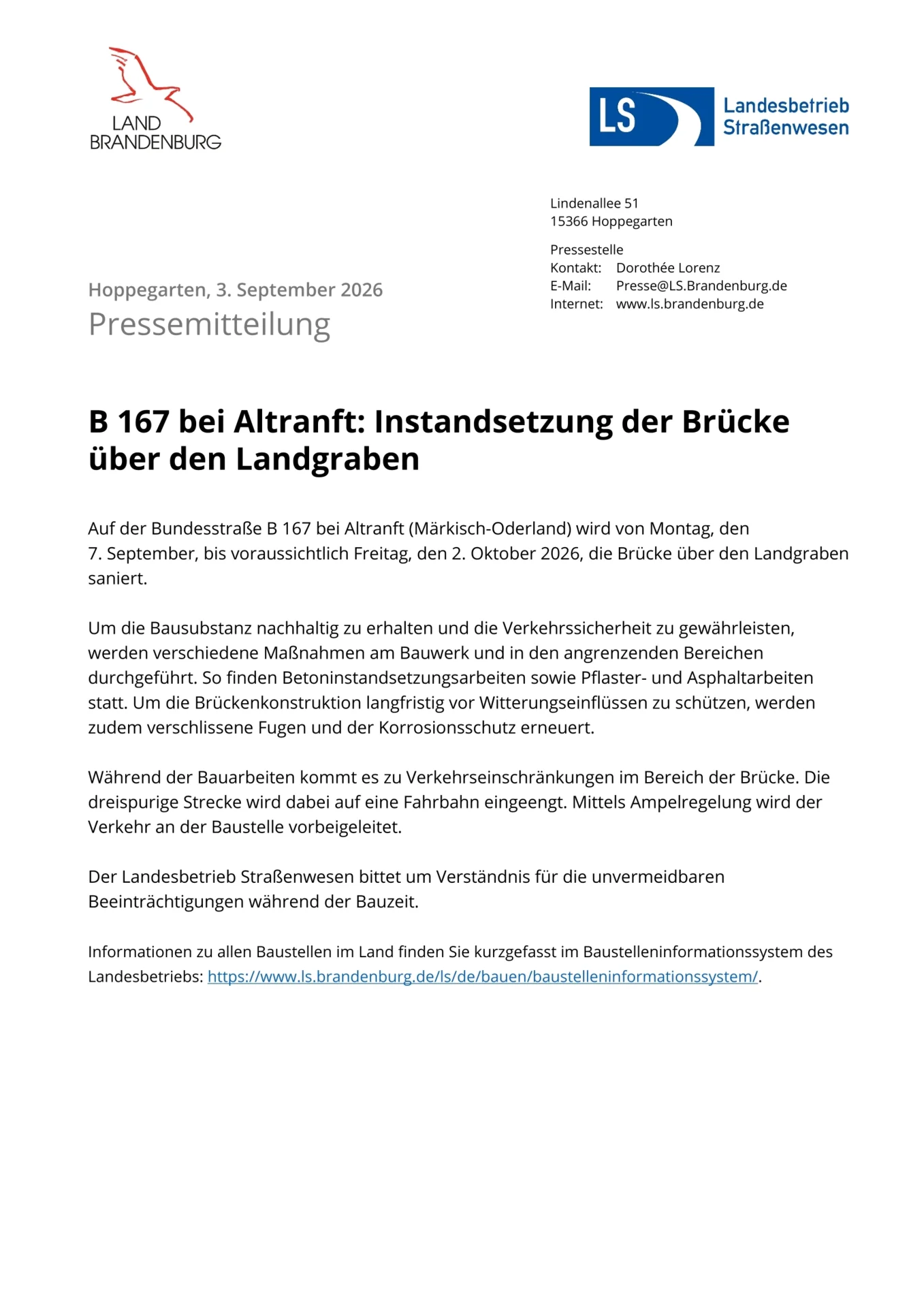 Brückenarbeiten auf der B 167 bei Altranft ab dem 07.09.2026