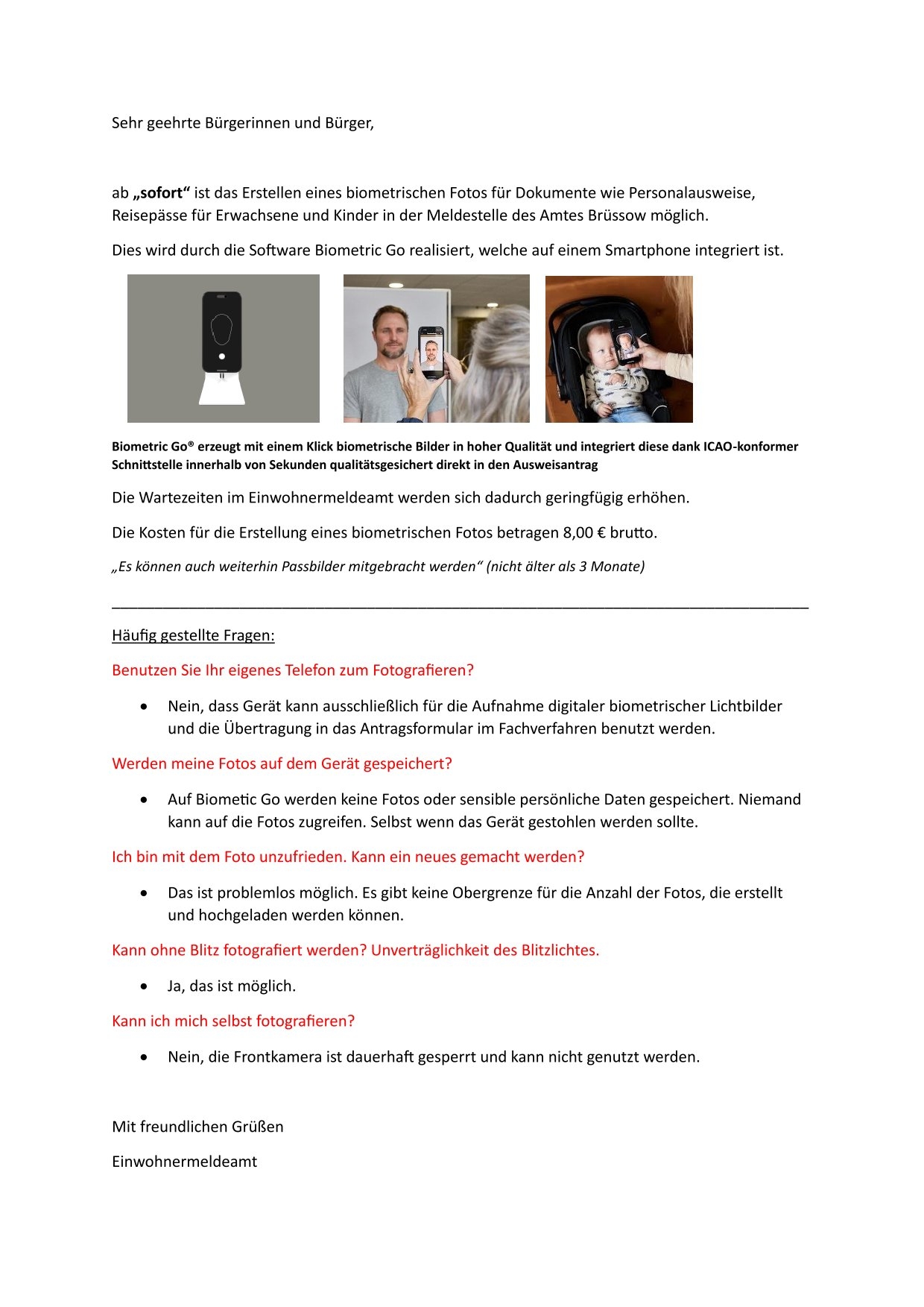 Erstellung biometrischer Fotos im Einwohnermeldeamt