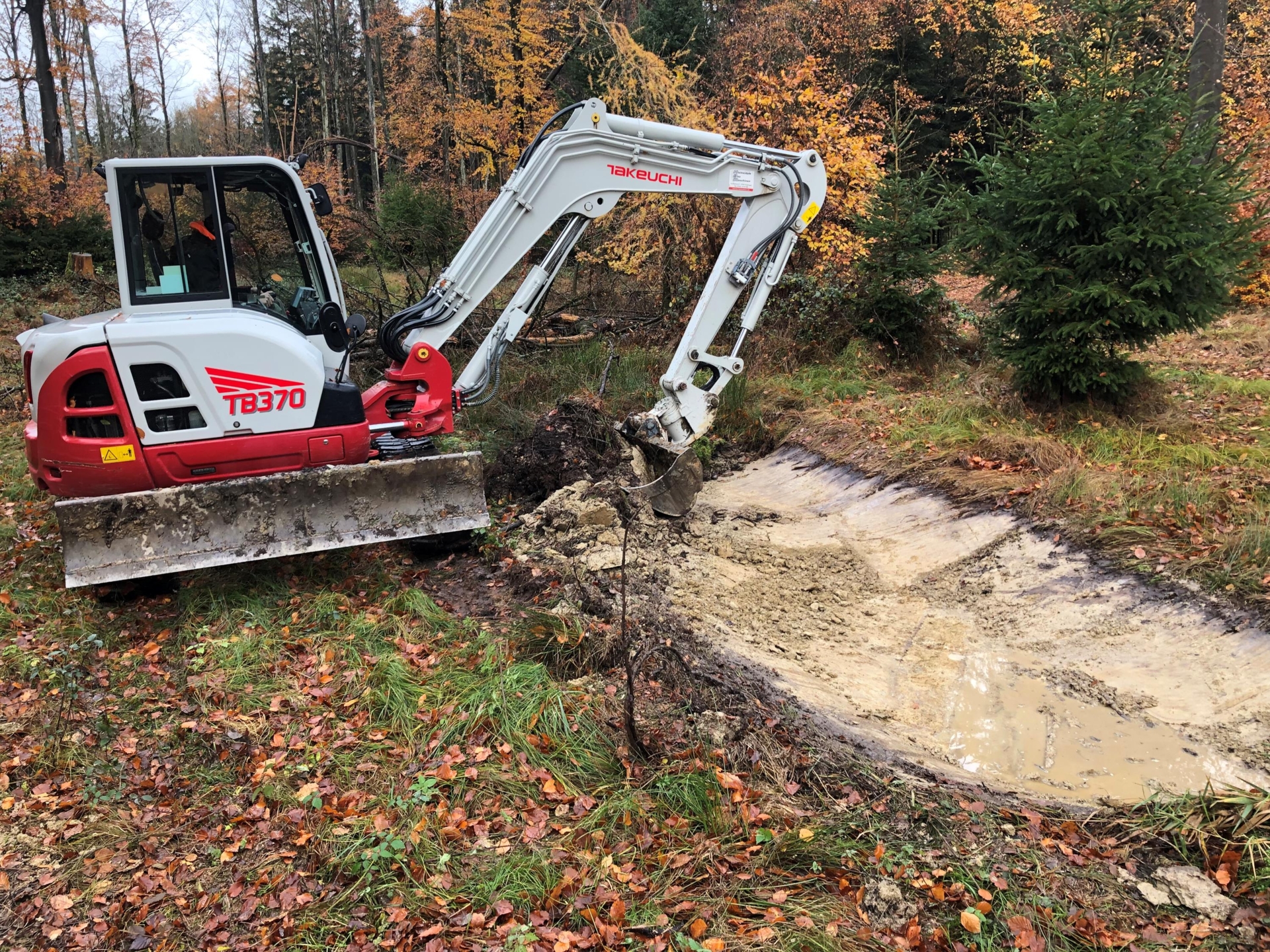 Kleiner Bagger mit der Aufschrift 'TB370' hebt Erde in einem Waldgebiet mit herbstlichen Bäumen aus