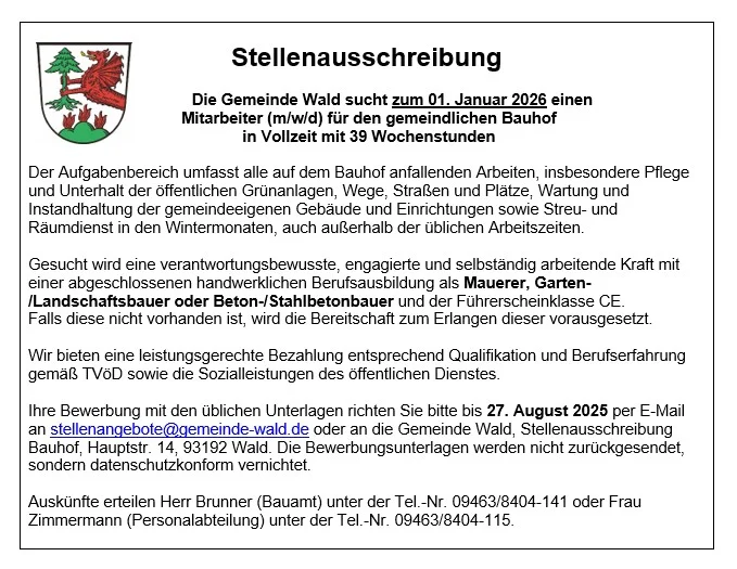 Stellenausschreibung Bauhof Juli 2025