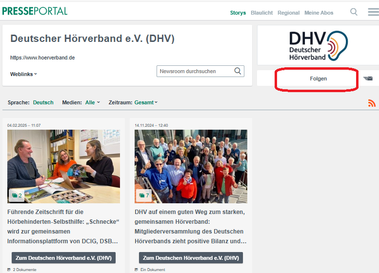 Das Bild ist ein Screenshot der Internetseite des Presseportals. Die Schaltfläche "Folgen" ist rot eingekringelt.