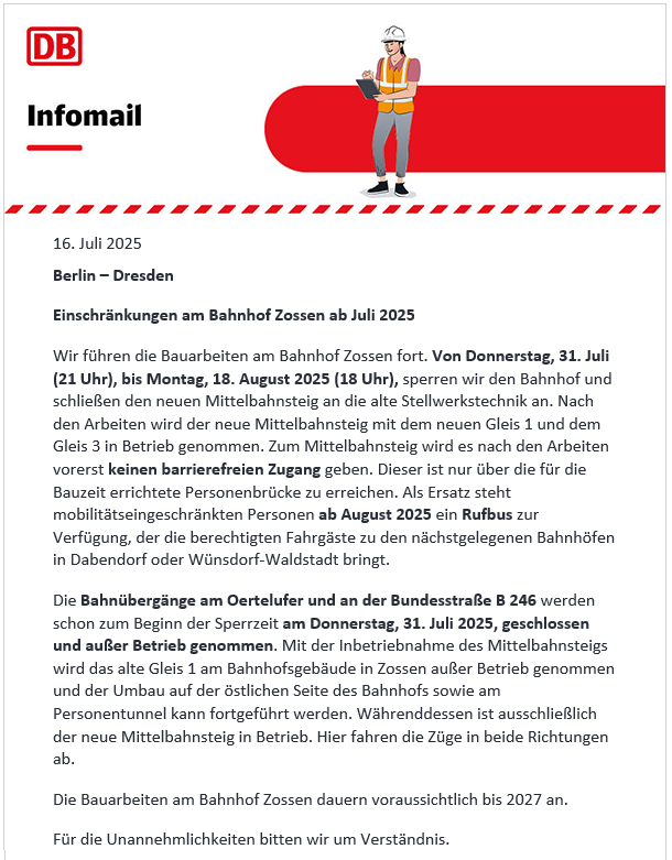 Bahnhof Zossen - Einschränkungen