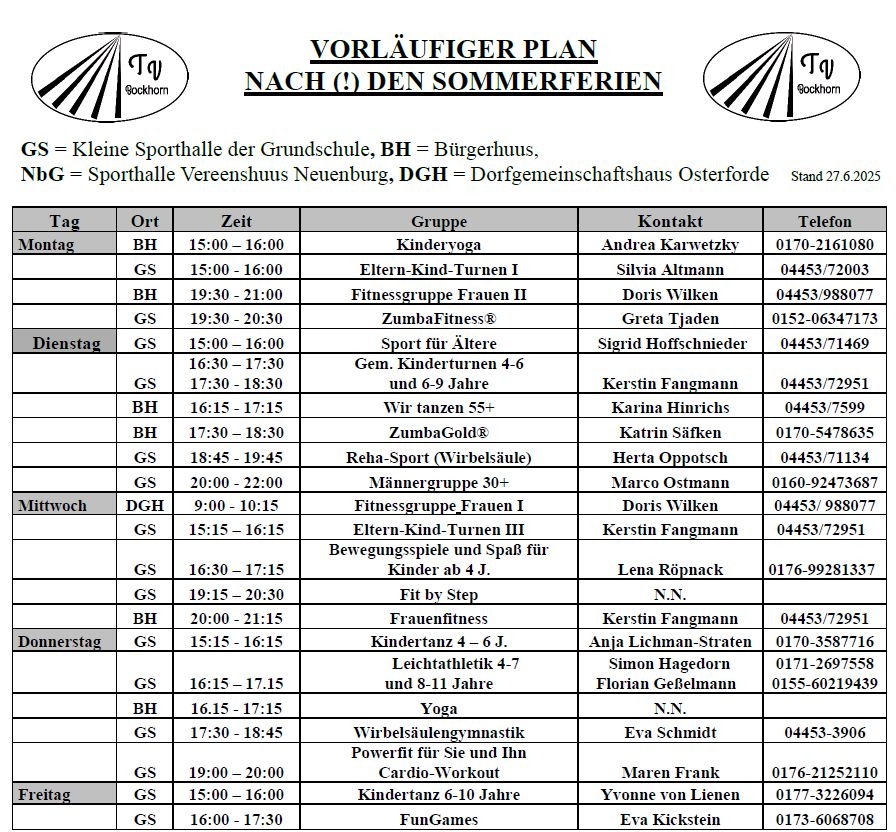 Vorläufiger Hallenplan nach den Sommerferien