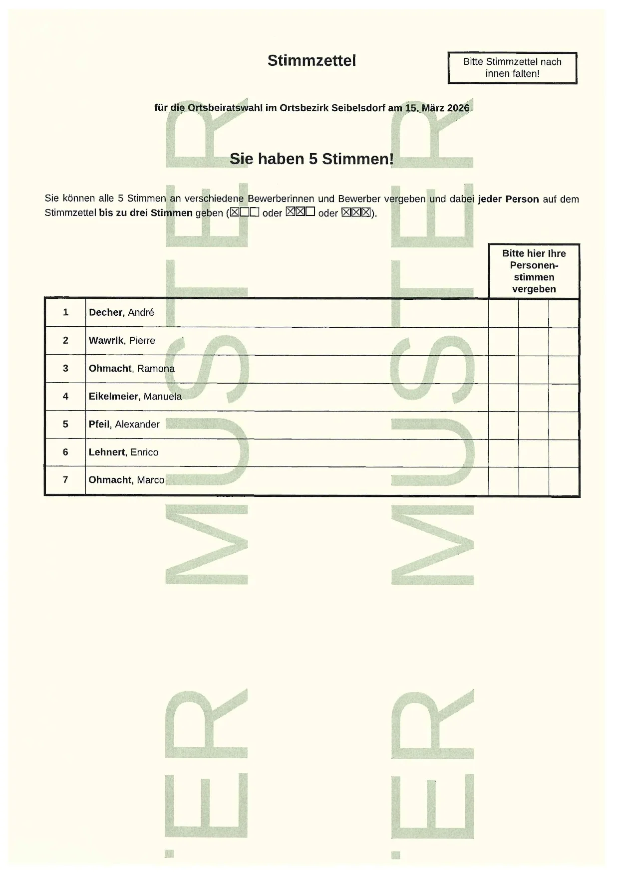 Musterstimmzettel für die Ortsbeiratswahl Seibelsdorf