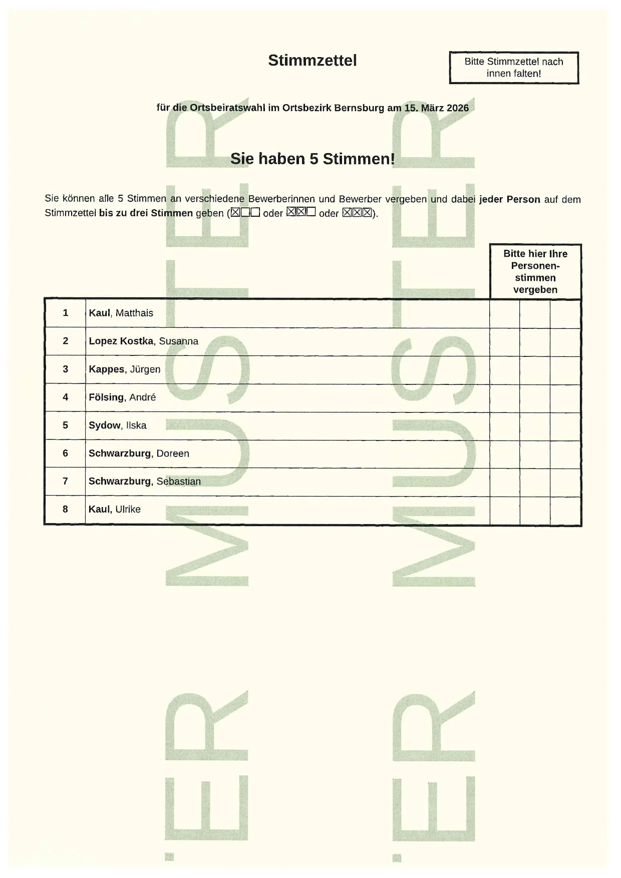Musterstimmzettel für die Ortsbeiratswahl Bernsburg