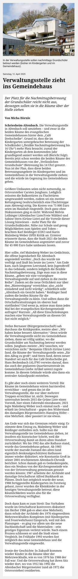 Verwaltungsstelle ziehts ins Gemeindehaus