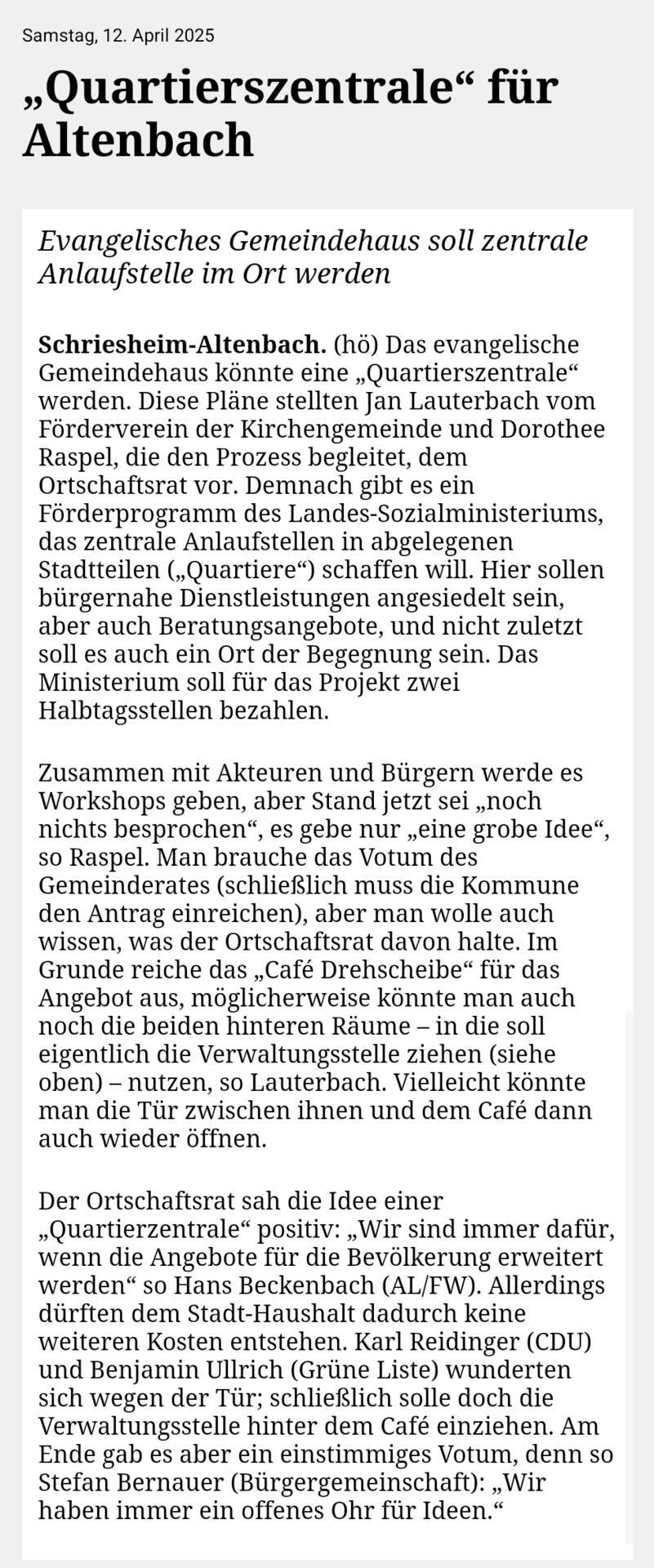 Quartierszentrale für Altenbach